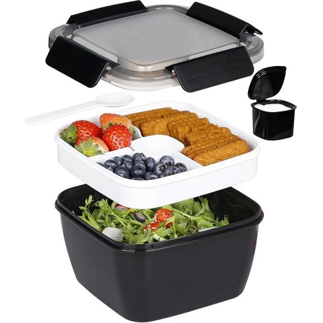 Lunchbox Bento Auslaufsicher 3 Fächer Salatbehälter 1500 ML Schwarz (1/5)