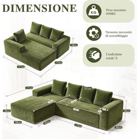 Canapé d’angle modulable avec chaise longue, canapé moderne à assise profonde, tissu velours côtelé vert, sans assemblage, pour salon ou chambre (1/5)