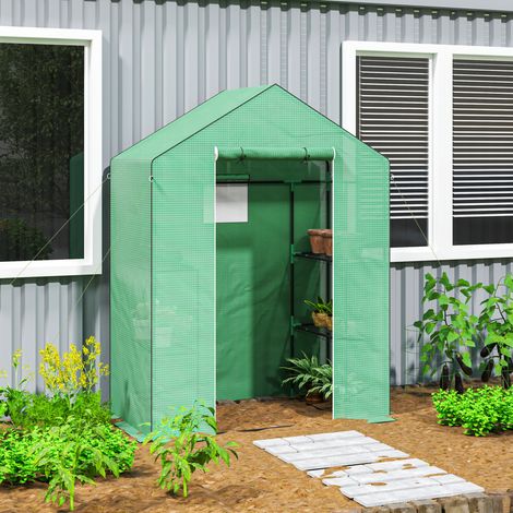 Invernadero transitable (143x74x190 cm), con puerta enrollable, ventanas, estantes, plástico verde (1/5)