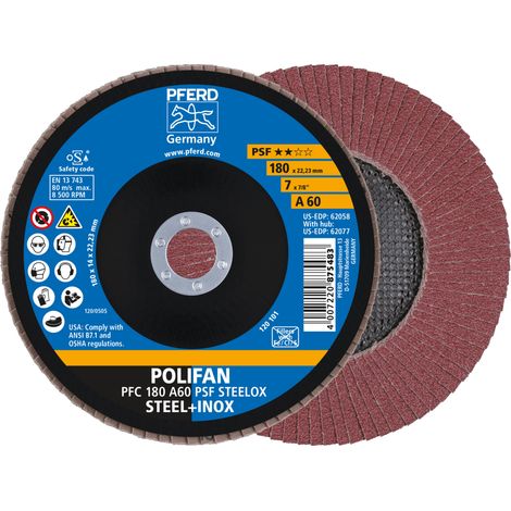 PFERD TOOLS POLIFAN Fächerscheibe PFC 180x22,23 mm konisch A60 Uni.-Linie PSF STEELOX Stahl/Edelstahl 10 Stk