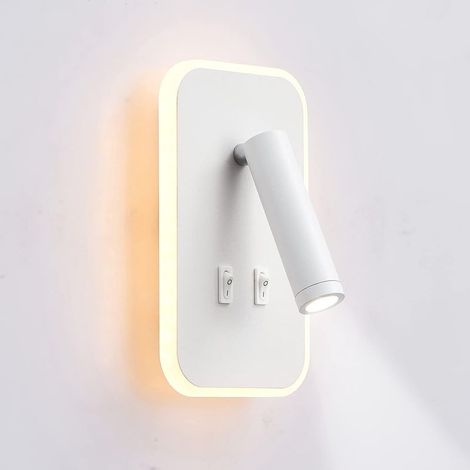 Applique Murale LED de Lecture 12W – Spot Orientable 3W + Éclairage d'Ambiance 9W – Lumière Chaude 3000K – Design Rectangle Blanc pour Chevet et Chambre