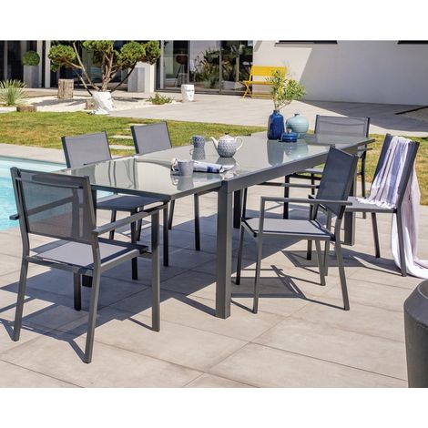 Table aluminium Tolede - Dimensions table: 200/300 x 100 cm avec 8 chaises et 2 fauteuils (1/5)