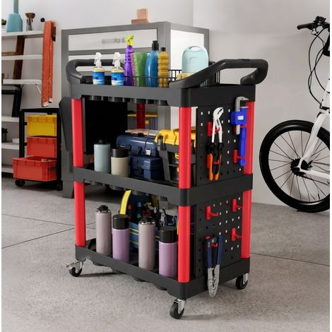 Carrello portautensili da officina a 3 livelli con pannelli forati, ganci e vassoio HAVRYA (1/5)