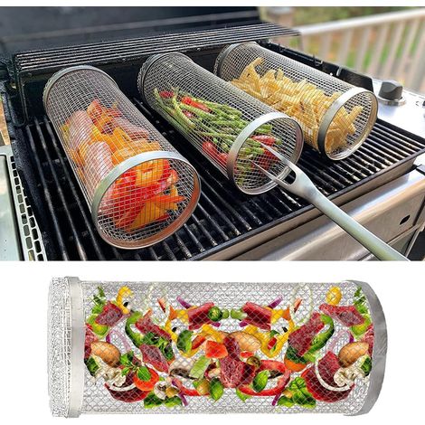 【HT】Panier à griller roulant pour barbecue extérieur, grille cylindrique en treillis métallique en acier inoxydable, grille cylindrique en treillis pour barbecue extérieur, (7,78 po (20 cm)) (1/5)
