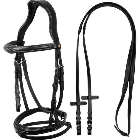 Testiera inglese anatomica in cuoio con frontalino e capezzina ricamati: full, Nero