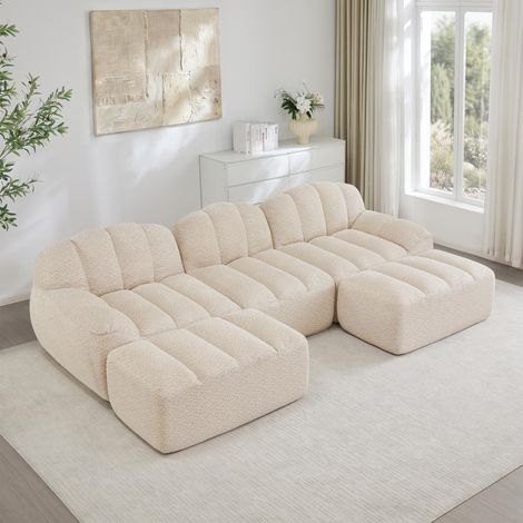 Canapé modulable 3 places en forme de U avec 2 poufs, canapé sans armatures en mousse haute densité 32D, assise profonde, idéal pour les salons, tissu doux, beige et blanc (1/5)