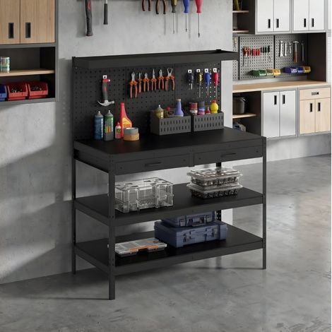 Établi d'atelier 122 x 61 x 156 cm avec panneau perforé, 2 tiroirs, noir DESVIAE (1/5)