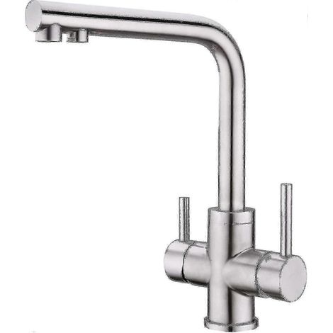 Robinet de cuisine à 3 voies avec 2 leviers, bec pivotant à 360°, filtre à eau 1 en 1, acier inoxydable 304 pour eau potable (1/5)