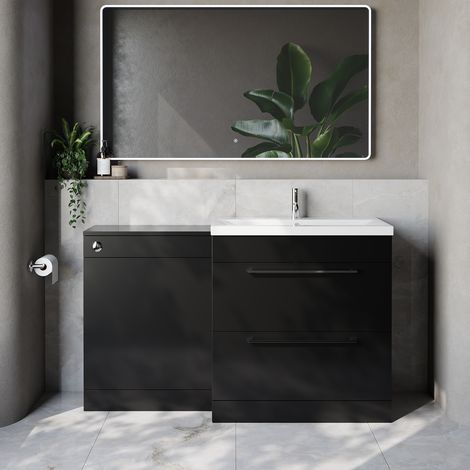 Napoli 390 Cento Matt Black 1400mm 2 Drawer Vanity Unit Toilet Suite with Glide Basin - 1400mm - Chrome 480mm HandleWithout Kingston Toilet Pan