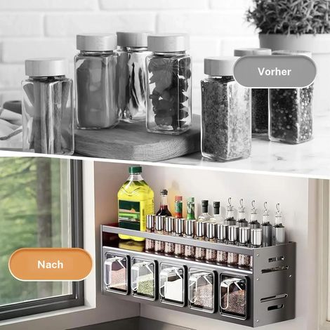 Ortviai – Range-épices de cuisine 2 niveaux, 45 × 18 × 13 cm – organiseur à compartiments avec cuillères – compatible bocaux d'épices, flacons et sachets (1/5)