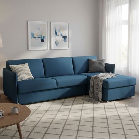 Sofá cama con chaise longue Sumirago, desenfundable, con almacenaje Made in Italy, repelente al agua, multiposición, 260x160 cm azul (1/5)