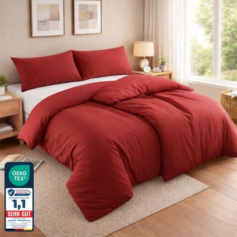 Literie Housse de Couette 2 Parties 135x200 cm + taie 40x80 cm, 100% Microfibre brossée, Rouge (1/5)