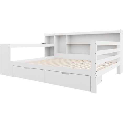 Multifunktionsbett 140 x 200 cm aus weißem Holz mit Schreibtisch, Regalen, 2 Schubladen (1/5)