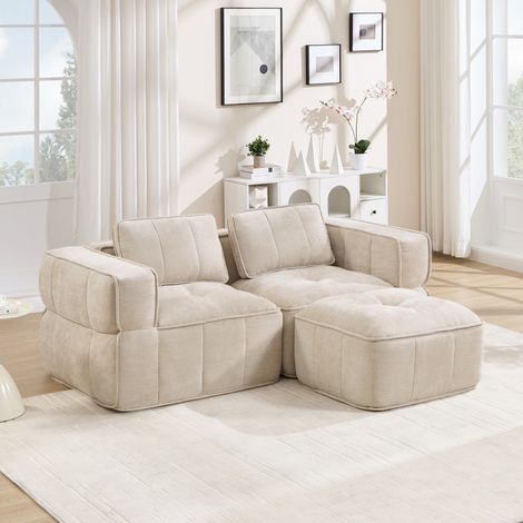 Sofá esquinero modular de 2 plazas con puf, 198 x 162 x 67 cm, beige DESVIAE (1/5)