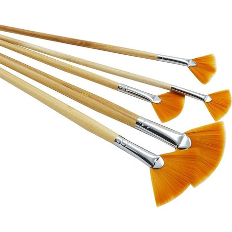 Lot de 5 pinceaux courts en laine de nylon en forme d'éventail, pour la peinture (couleur bois naturel). (1/5)