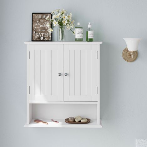 Armoire murale avec 2 portes et étagères ouvertes – Design élégant – Étagère murale pour toilettes salon salle a manger – Dimensions 54 x 20 x 60 cm – Armoire à pharmacie – Blanc (1/5)