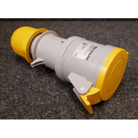 Prise mobile 3P+T 32A femelle clapet jaune 100-130V 50/60Hz 4h étanche IP44 OPTIMA (1/2)