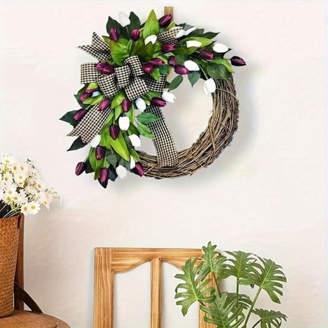 Couronne de Printemps 35cm Tulipes Violettes & Blanches - Décoration Murale/Porte pour Maison/Jardin, Pâques & Fêtes - Style Rustique avec Noeud Vichy