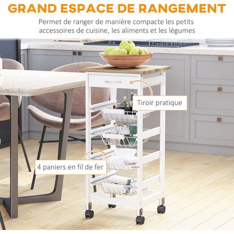 Chariot service 4 paniers métal tiroir pin 37x37x82 cm blanc