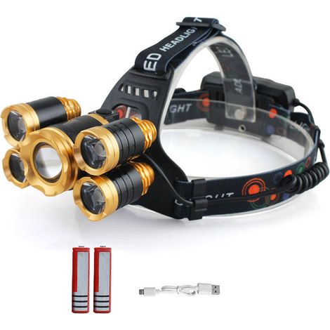 Wiederaufladbare Stirnlampe – 12.000 lm, leistungsstark und ultrahell, USB-aufladbar, 5 LEDs, 4 Leuchtmodi, Schutzart IPX4, 2 x 18650-Akkus, ideal für Camping, Jagen, Angeln, Klettern und Wandern.