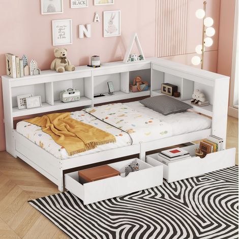 Lit de jour 221,5/116,6/90 cm blanc en panneaux de particules avec 2 tiroirs et prises USB (1/5)