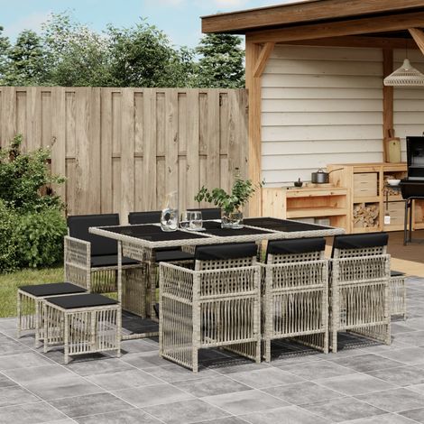 vidaXL Gartenmöbel-Set 11-teilig mit grauen Polyrattan-Kissen