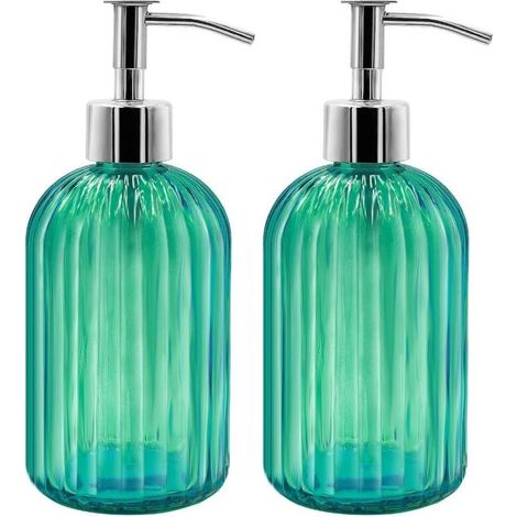 Set of 2 Glass Soap Dispensers, 400ml Liquid Soap Dispenser with Pump, Refillable Lotion and Soap Dispensers for Kitchen, Bathroom, Laundry Room, Hotel (Green)