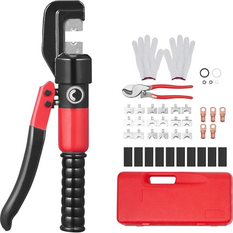 Pince à sertir hydraulique avec 9 jeux de matrices AWG12-2/0, pour cosses cuivre et aluminium, incluant pince coupante, gants, 5 connecteurs annulaires en cuivre et 8 manchons thermorétractables. (1/5)