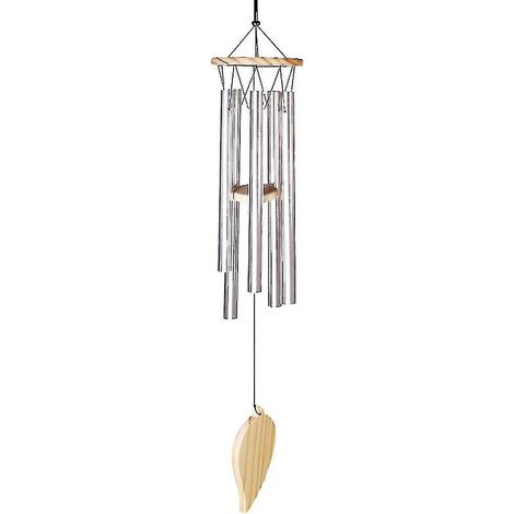 1 Carillon éolien, 5 tubes en aluminium, finition argent, bois naturel, pour jardin, terrasse, balcon (1/5)