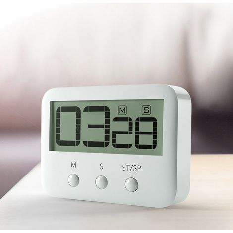 Minuteur de cuisine magnétique avec grand écran LCD, avec chronomètre, alarme puissante et compte à rebours, Blanc. (1/4)