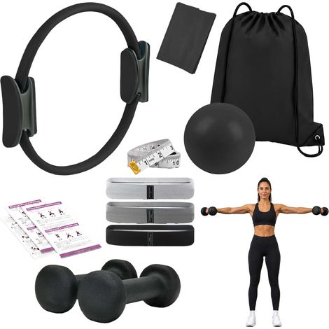 Relaxdays Set de pilates, 11 piezas: aro, pelota, 4 bandas, 2 mancuernas, bolsa, accesorios para pilates en casa, negro (1/5)