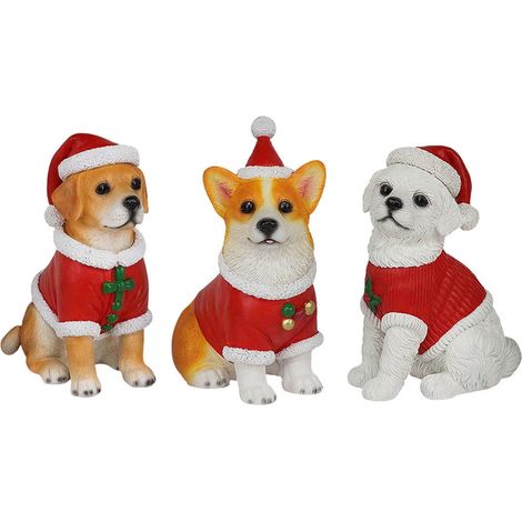Statue Chien - Résine - 15 cm - Chapeau De Père Noël Et Manteau Rouge - Décoration De Noël Pour Table Ou Étagère - Lot De 3 (1/5)