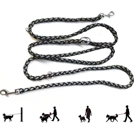Laisse Chien Corde, Réfléchissante Double Laisse Réglable en Nylon avec 2 Mousquetons et 3 Anneaux, 2,1 m Noire Laisse pour Chien Multifonctionnelle pour Petit/Moyen/Gros Chien (1/5)