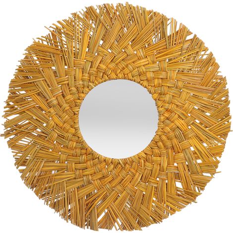 Miroir rond suspendu en paille tressée style rétro nordique, doré jaune pour décoration murale