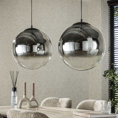 Suspension 2 lampes rondes 110x40x150 cm en verre fumé gris et métal