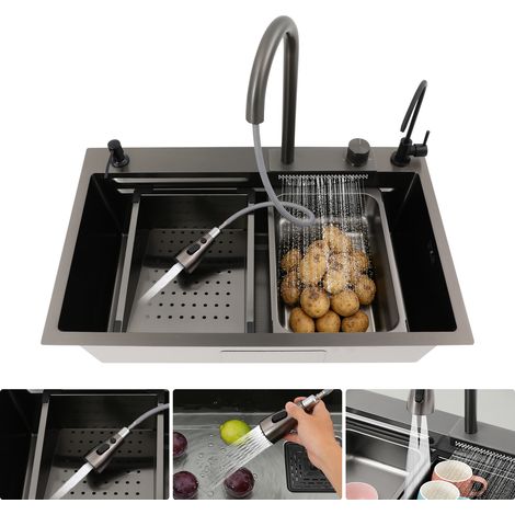 Set lavandino da cucina, lavandino da cucina con cascata, moderno lavandino da cucina in acciaio inossidabile 304 con armatura estraibile (1/5)