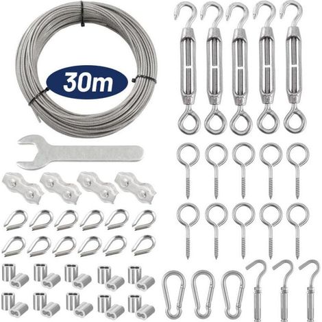 Lot de 59 Corde Cable Acier Inoxydable de 30 m - Tendeur de câble en acier inoxydable 304 - Avec œillets - Tuteurs pour plantes grimpantes, cordes à linge, lumières suspendues (1/3)