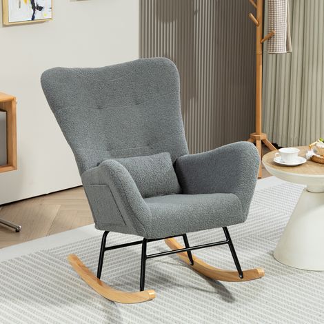 Mecedora de Borreguito con Respaldo Acolchado Almohada y Base de Madera de Caucho Carga 120 kg Gris (1/5)