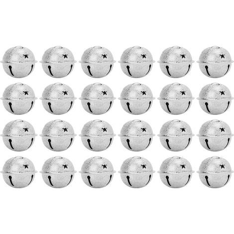 24 silberne Weihnachtsglocken (40 mm), Eisenstern-Pentagramm, mattierter Weihnachtsbaumschmuck, 24-teilig zum Selbermachen (1/5)