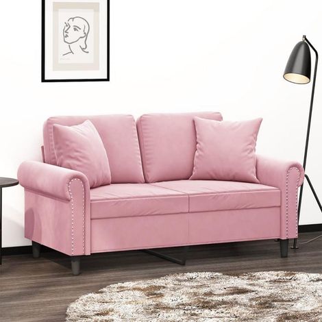 Canapé 2 places velours rose capitonné avec coussins décoratifs 120 cm (1/5)