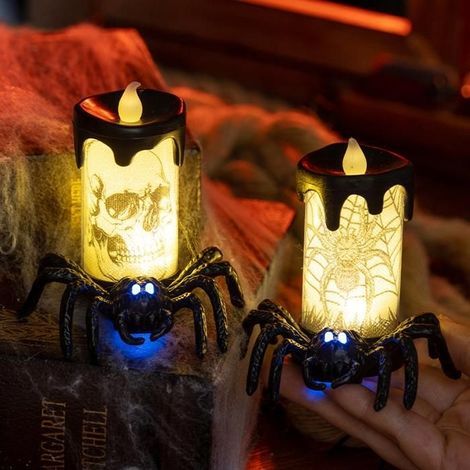 Lot de 2 Araignées Lumineuses Halloween avec Yeux LED et Bougies Double Couleur Décoration Effrayante pour Maison Jardin Fête (1/4)