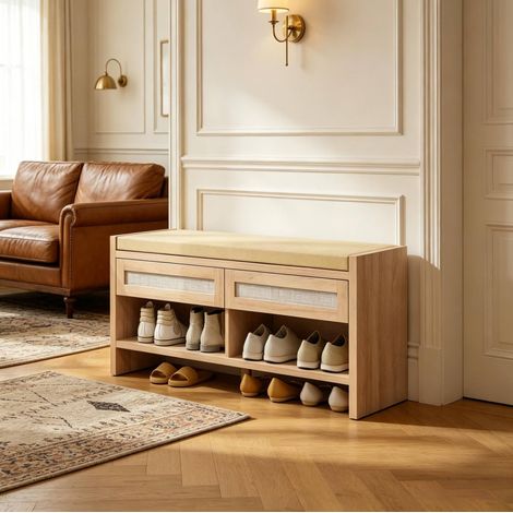 Panca portascarpe 108 x 35 x 50 cm con cuscino in lino, rattan PE, rovere chiaro DESVIAE (1/5)