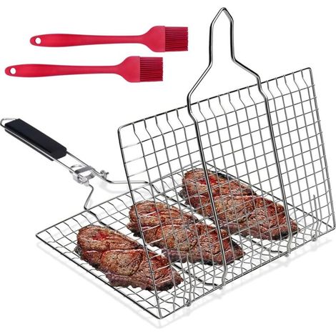Panier de Barbecue, 32 x 22 CM à Griller en Acier Inoxydable, Barbecue Pliable pour avec 2 Brosses Silicone, Poisson, Crevettes, Légumes, Steak - (1/5)