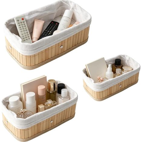 Lot de 3 paniers de rangement rectangulaires en bambou avec insert en tissu (1/5)