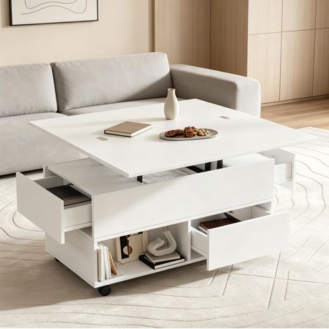 Couchtisch 100 x 50 x 52 cm weiß, Liftplatte, 4 Schubladen, Spanplatten, MEUBLIV (1/5)