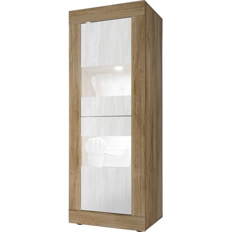 Vitrinenschrank Design 2 Türen Kollektion ACCESS. Farbe Weiß und Dunkel-Eiche.