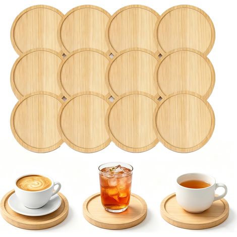 Juego de 12 posavasos redondos de mosaico de bambú: bases redondas de madera con superficie lisa, ideales para pintar, proteger vasos y para manualidades de decoración del hogar. Diámetro: 9,5 cm. Jue (1/5)