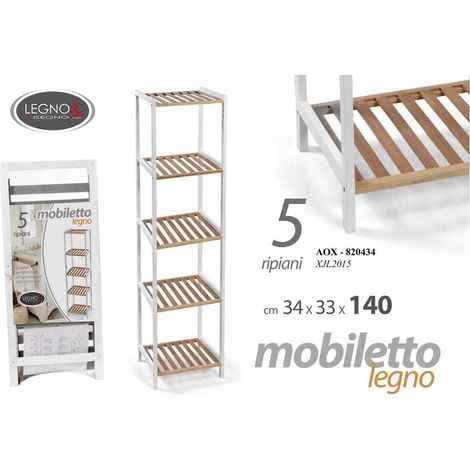 Scaffale 5 ripiani bianco e naturale cm 34x33x140 h