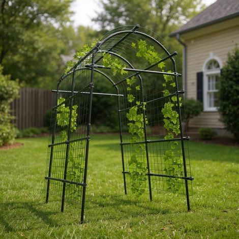 Arche jardin treillis métal 2,3 m réglable noire, acier inoxydable revêtu PE filet inclus plantes grimpantes (1/5)