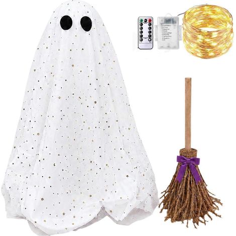 Sequins maille sur pied fantôme avec balai, réglable mignon décoration, pour Halloween table et cheminée,C (1/5)